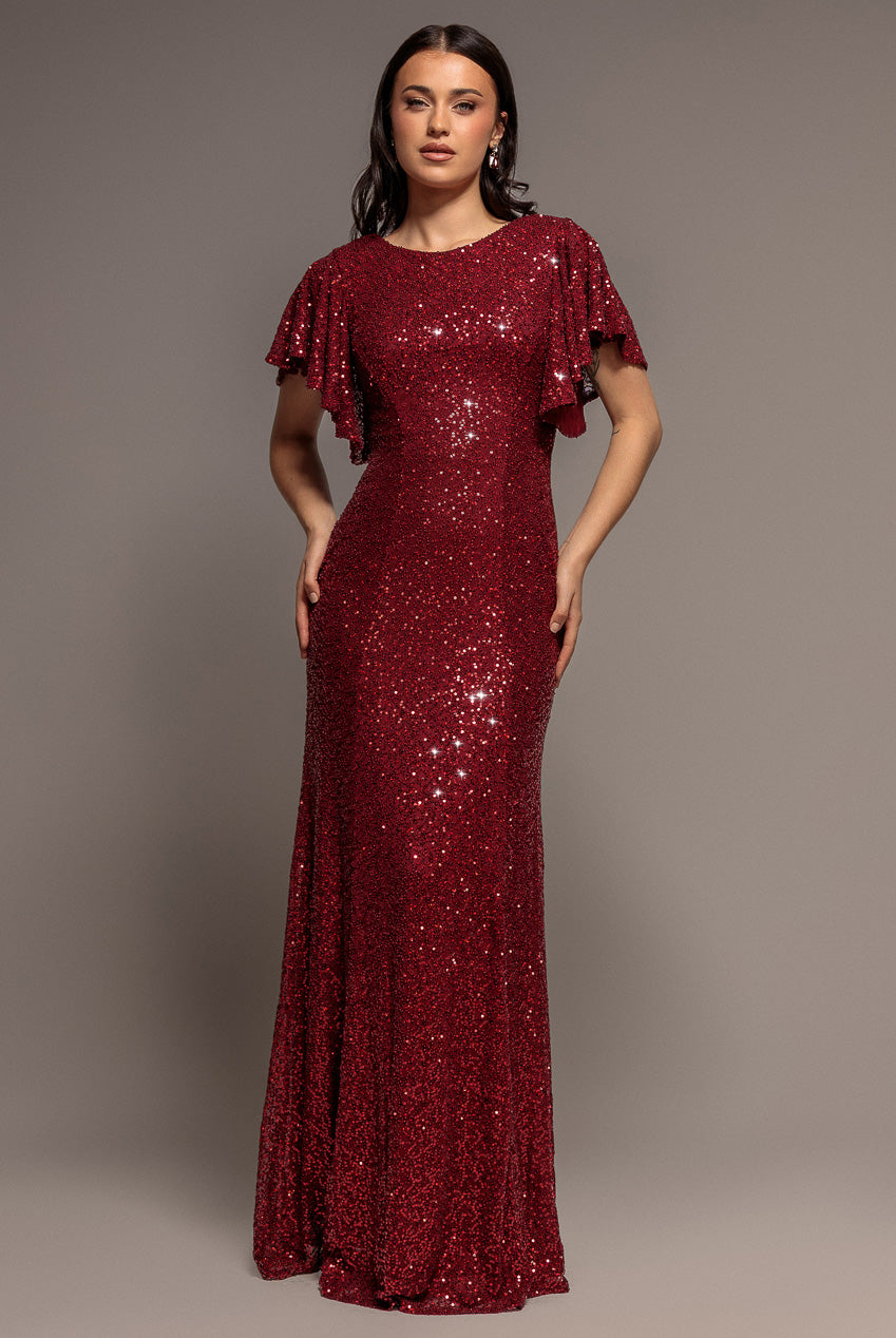 Sequin Flutter Sleeve Maxi - Wine by Goddiva