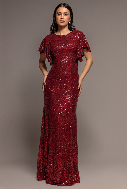 Sequin Flutter Sleeve Maxi - Wine by Goddiva