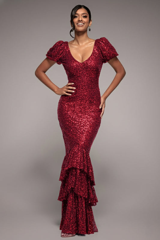 Puff Sleeve Tiered Hem Maxi Dress - Wine by Goddiva
