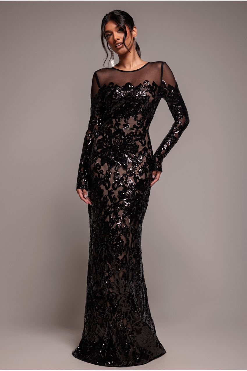 Floral Sequin Mesh Maxi - Black by Goddiva
