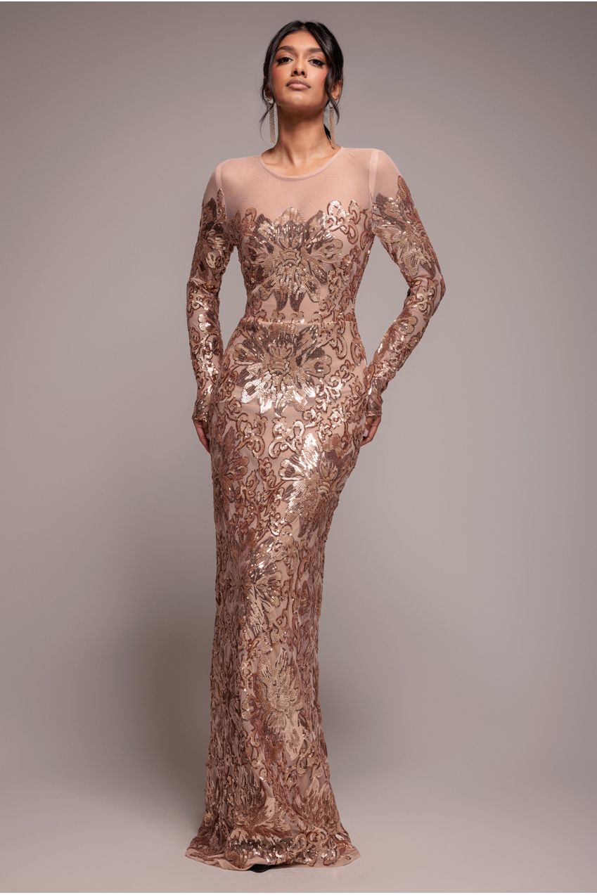 Floral Sequin Mesh Maxi - Champagne by Goddiva