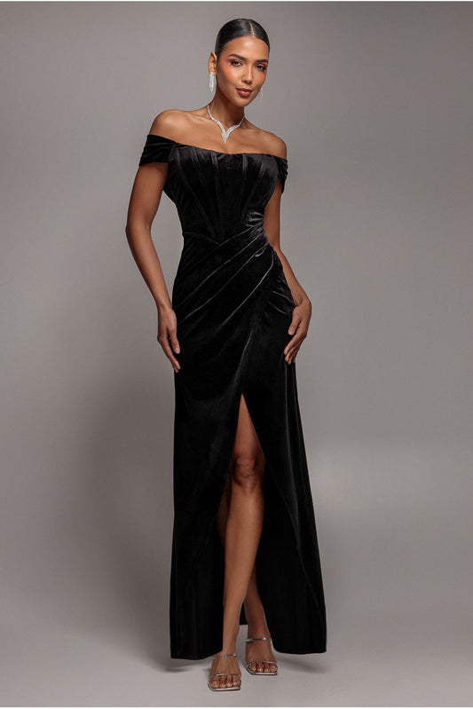 Goddiva Draped Shoulder Velvet Corset Maxi Dress - Black