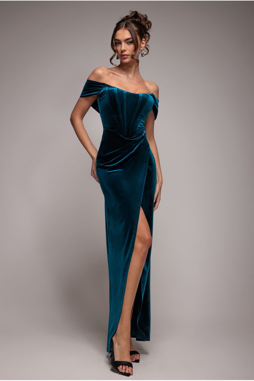 Draped Shoulder Velvet Corset Maxi Dress - Teal Blue by Goddiva