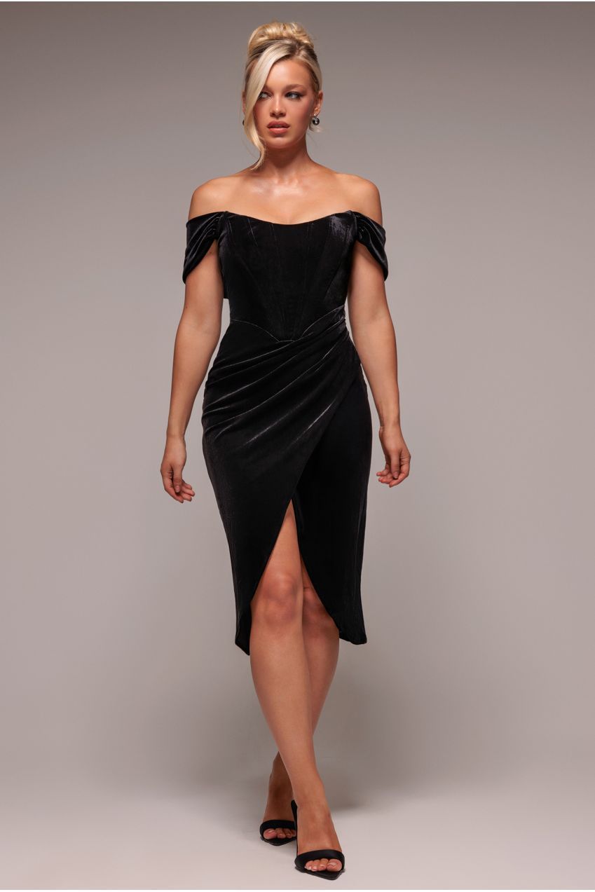 Goddiva Draped Shoulder Velvet Corset Midi Dress - Black