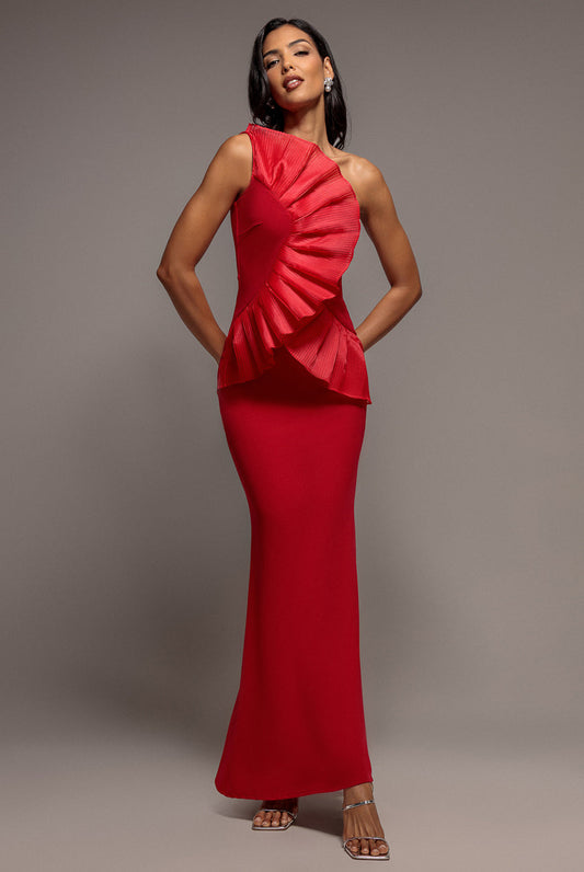 Goddiva One Shoulder Pleated Fan Maxi Dress - Red