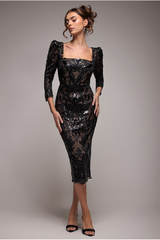 Goddiva Square Neck Scalloped Embroidered Sequin Midi Dress - Black