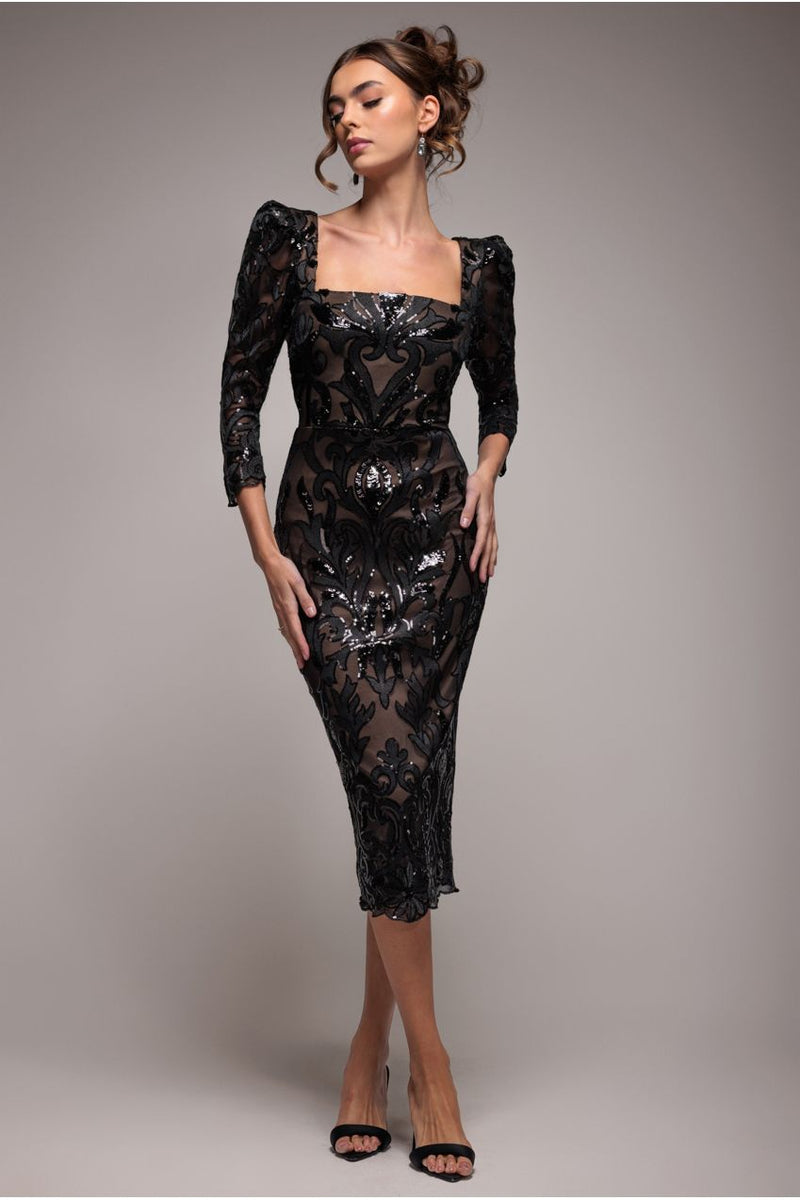 Square Neck Scalloped Embroidered Sequin Midi Dress - Black by Goddiva