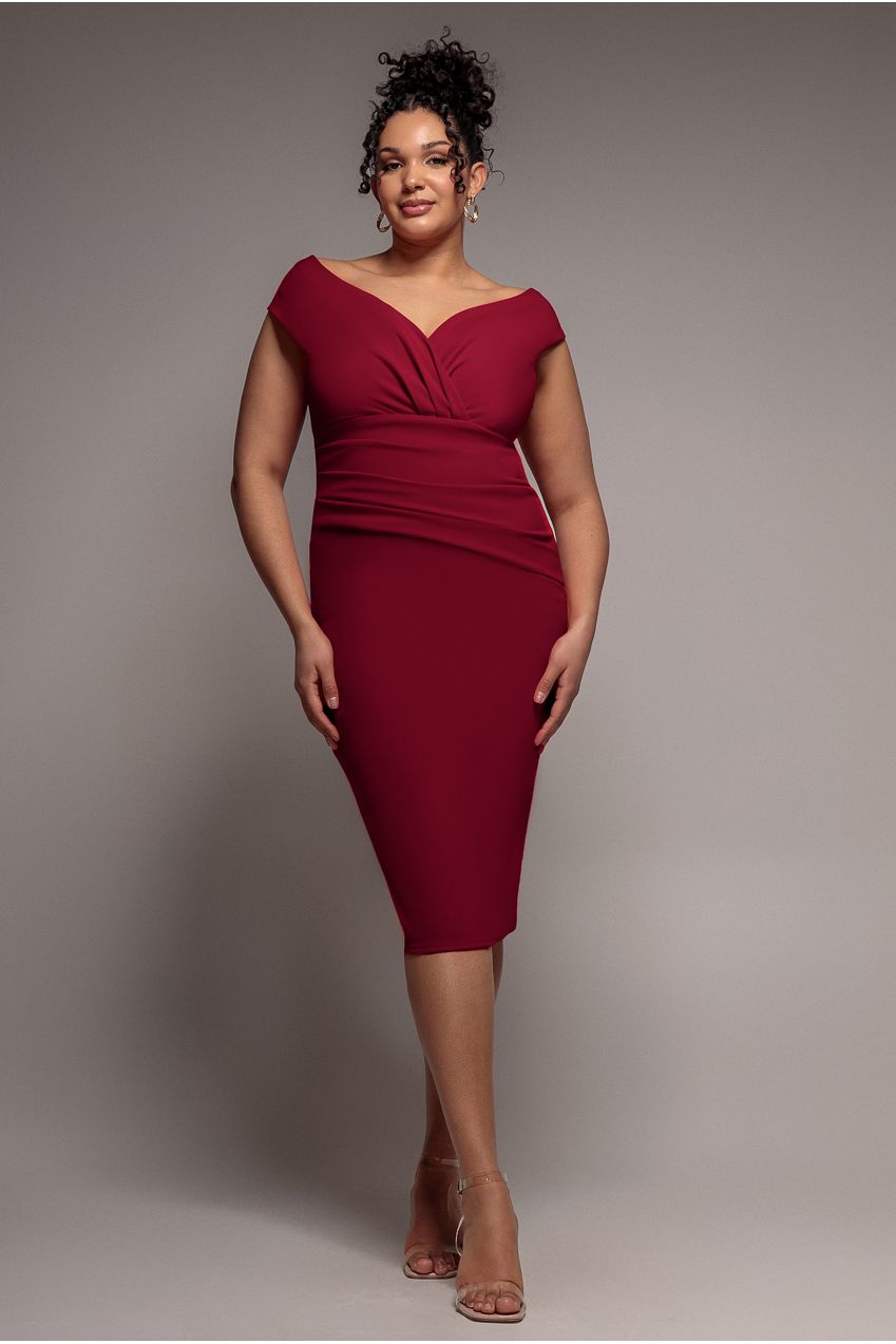 Scuba Bardot Pleated Midi Dress - Wine by Goddiva Plus