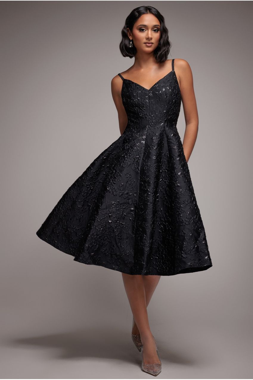 Jacquard Sleeveless A-line Midi Dress - Black by Goddiva
