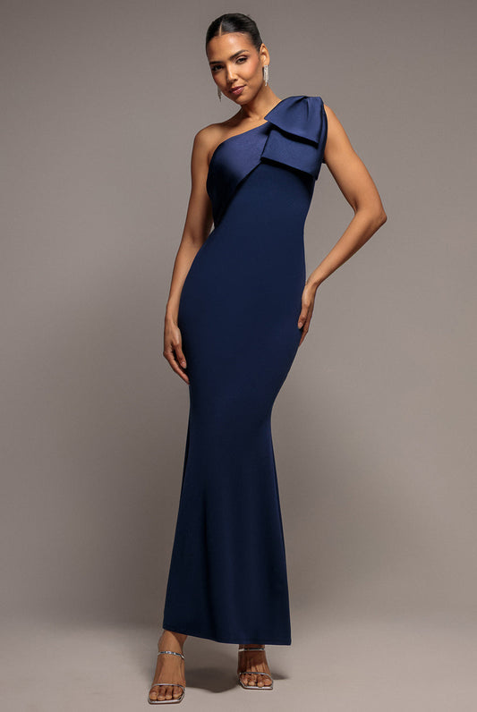 One Shoulder Satin Bow Scuba Crepe Maxi Dress - Navy by Goddiva