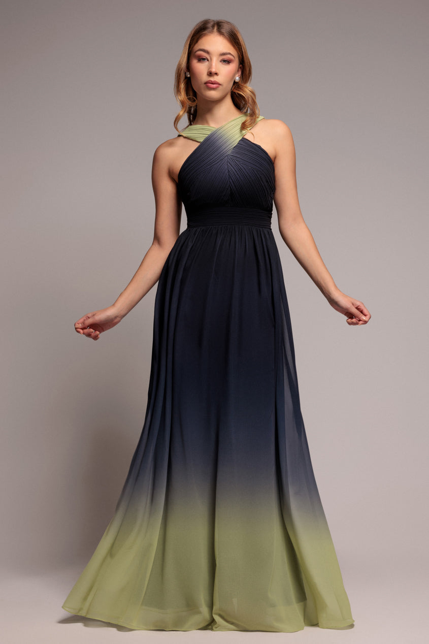 Goddiva Ombre Cross Front Pleated Maxi Dress - Lime Ombre