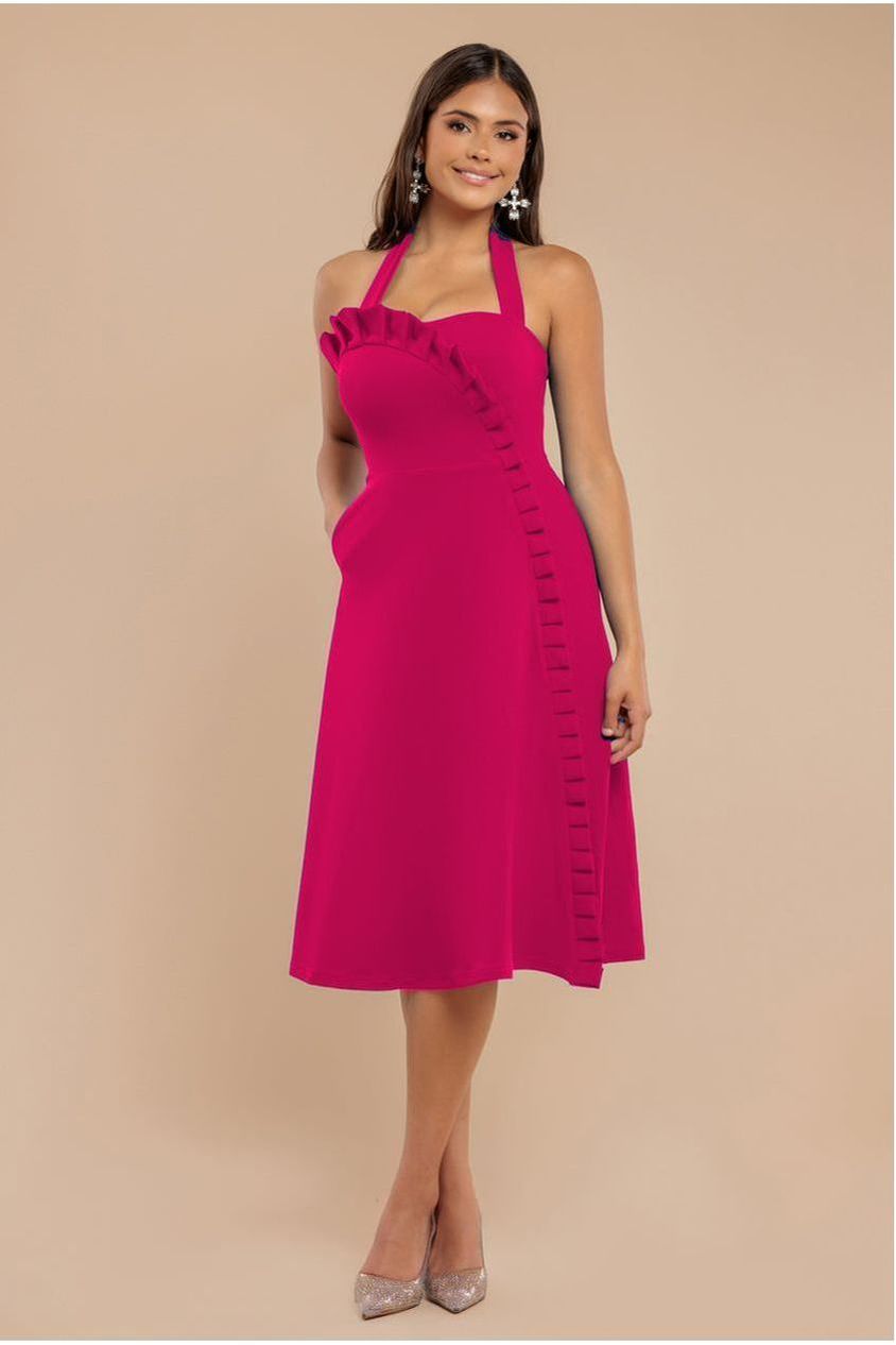 Goddiva Frilled Halter Neck Strap Midi Dress - Magenta