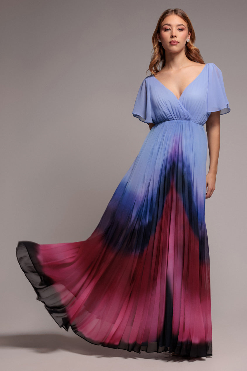 Goddiva Wavy Ombre A-Line Chiffon Maxi Dress - Blue