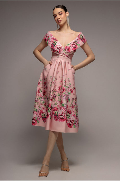 Bardot Floral Print A-Line Scuba Foam Midi Dress - Blush by Goddiva
