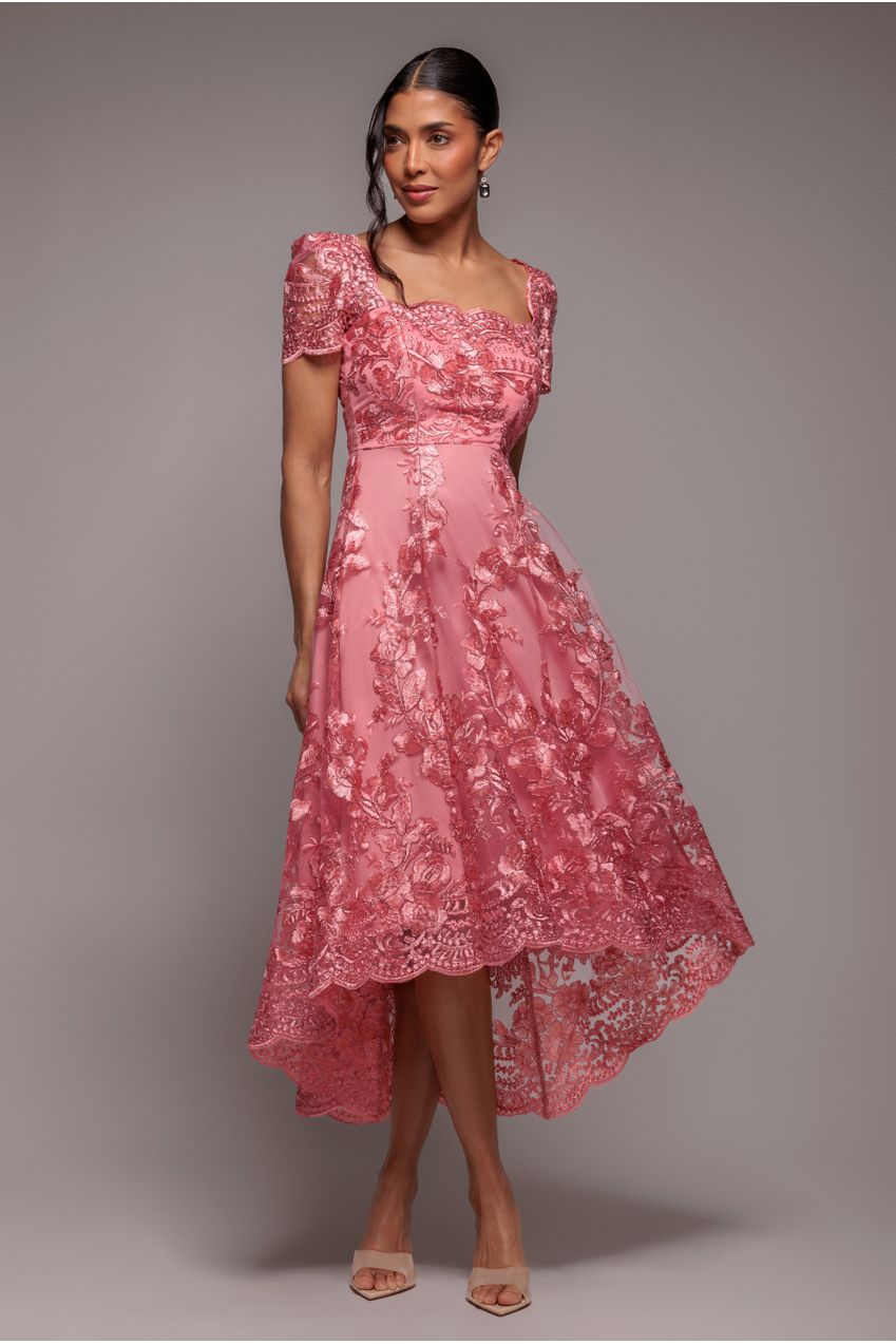 Scalloped Neck Embroidered Lace High Low Midi Dress - Coral by Goddiva
