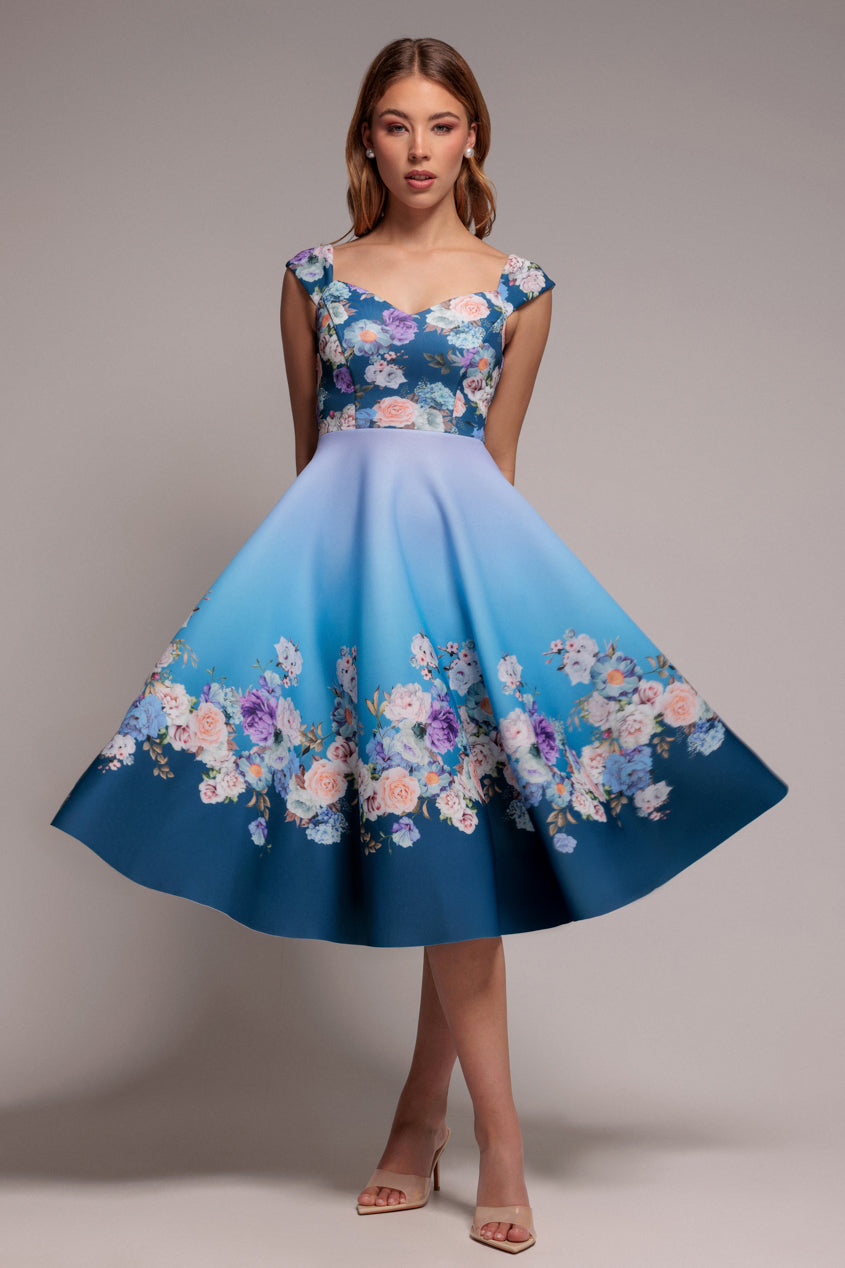 Goddiva Floral Printed Scuba Foam Skater Dress - Blue