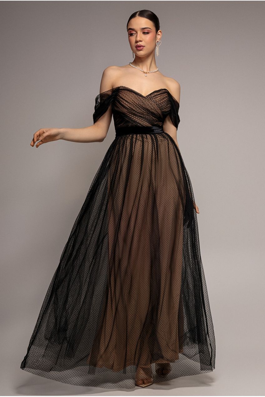Dobby Mesh Off The Shoulder Princess Maxi Dress - Black by Goddiva