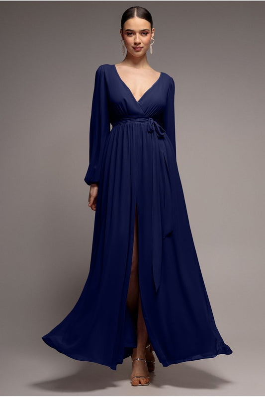 Goddiva Sustainable Front Split Wrap Style Chiffon Maxi Dress - Navy Blue