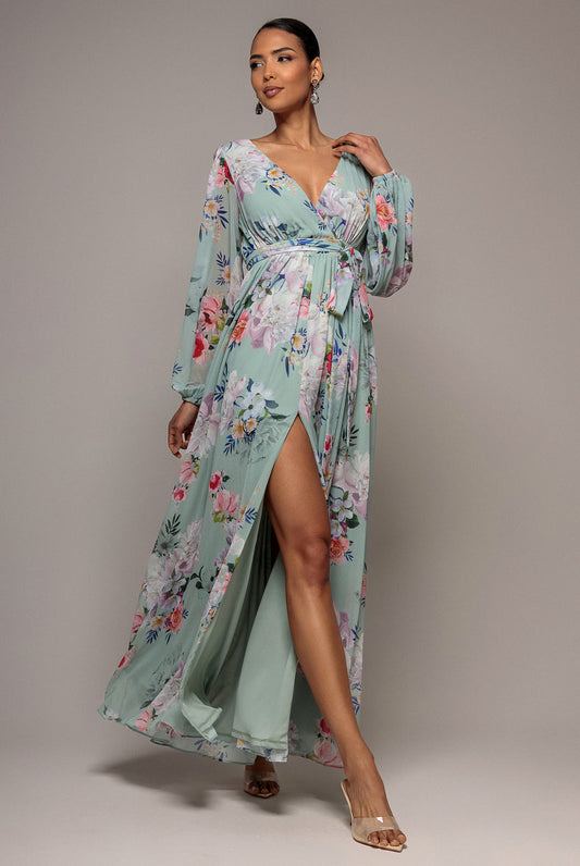 Wrap Front Slit Floral Maxi Dress - Sage Green by Goddiva