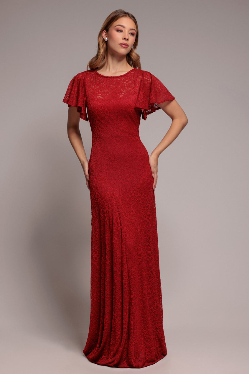 Goddiva Flutter Sleeve Lace A-Line Maxi Dress - Red