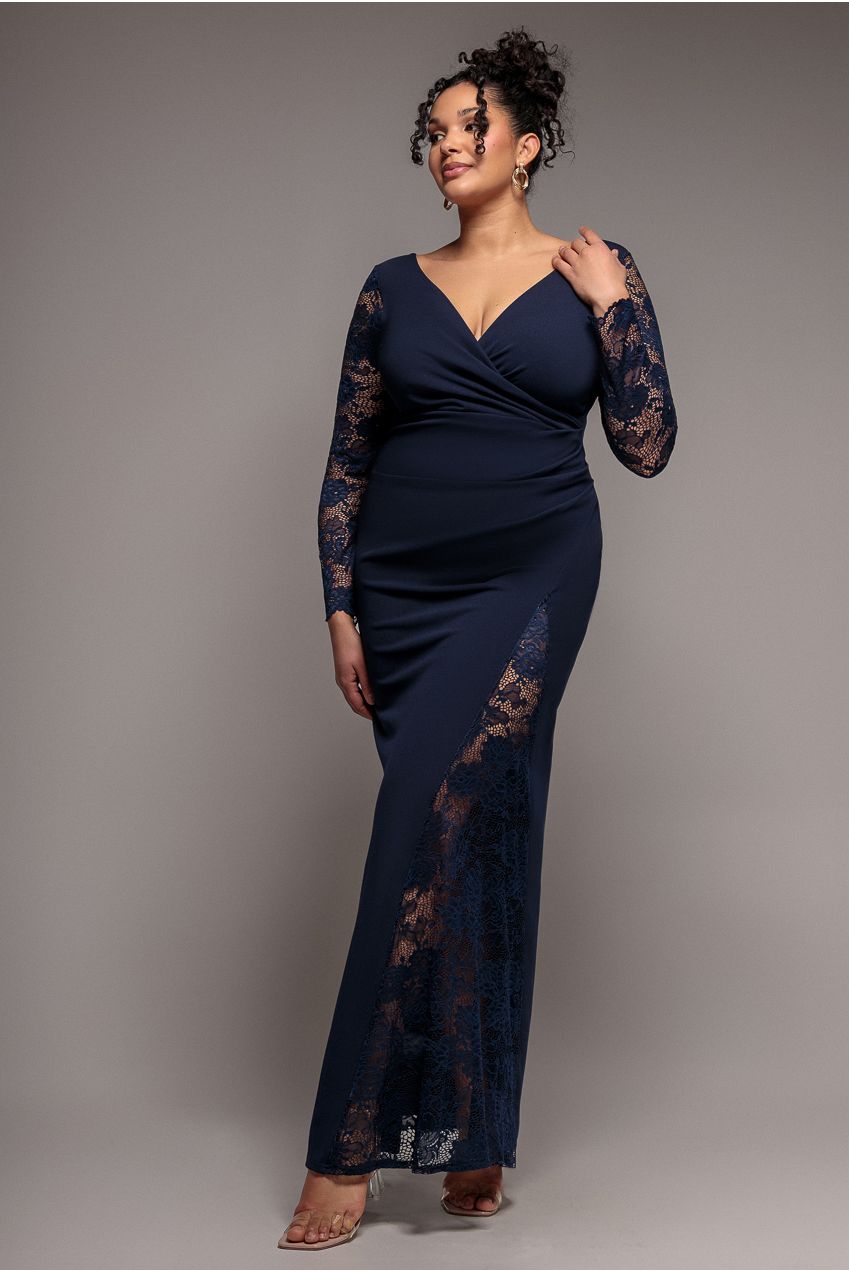 Scuba & Lace Wrap Maxi Dress - Navy Blue by Goddiva Plus