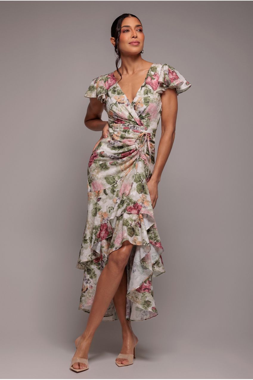 Floral Wrap High And Low Midaxi Dress - Cream by Goddiva