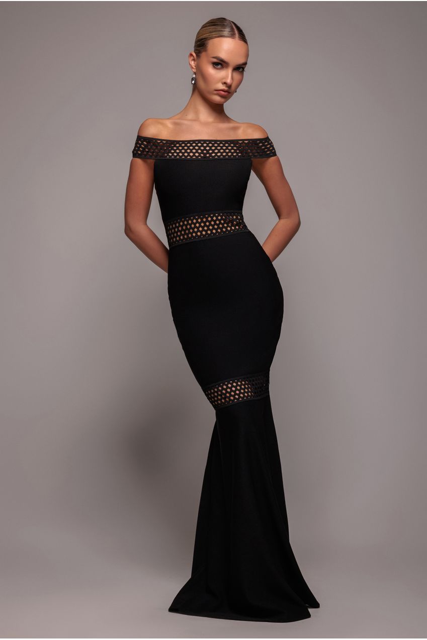 Goddiva Off The Shoulder Ribbed Bodycon Maxi Dress - Black