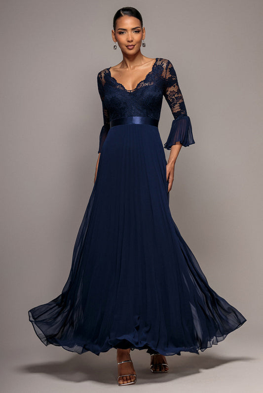 Goddiva Scalloped Lace Bodice Pleated Chiffon A Line Maxi Dress - Navy Blue