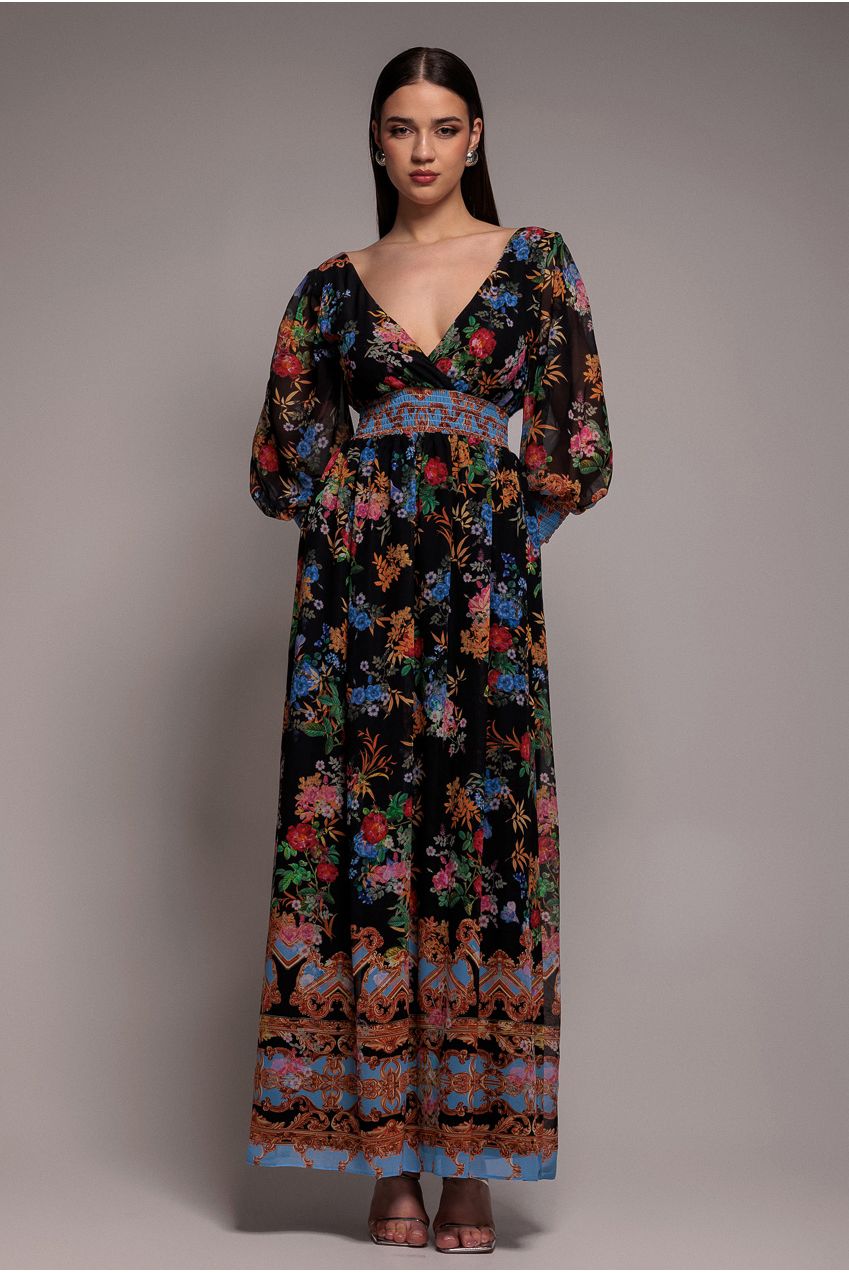 Goddiva Chiffon Wrap Border Floral Print Maxi Dress - Black