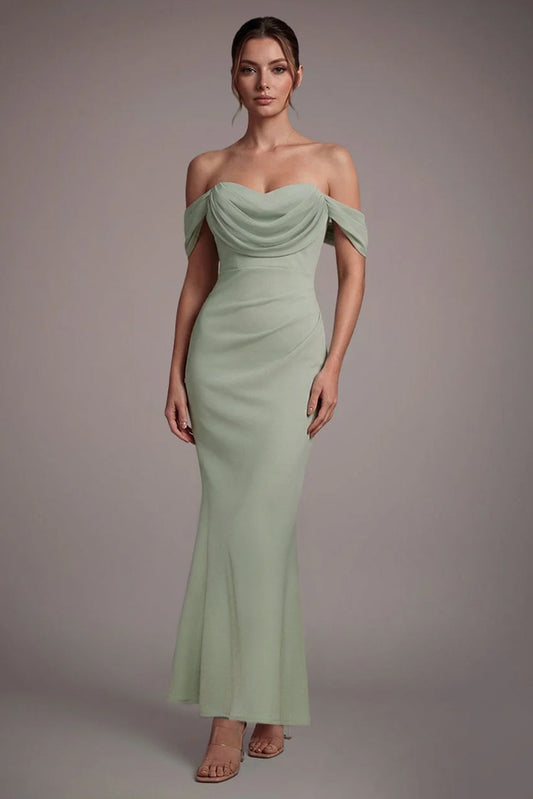 Goddiva Petite Bardot Scuba & Chiffon Cowl Maxi Dress - Sage Green