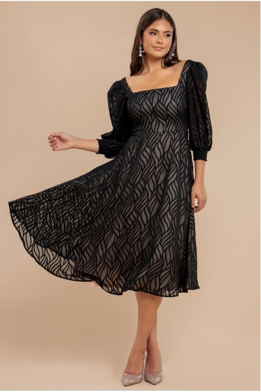 Goddiva Puff Sleeve Side Slit Flared Jacquard Chiffon Midi Dress - Black