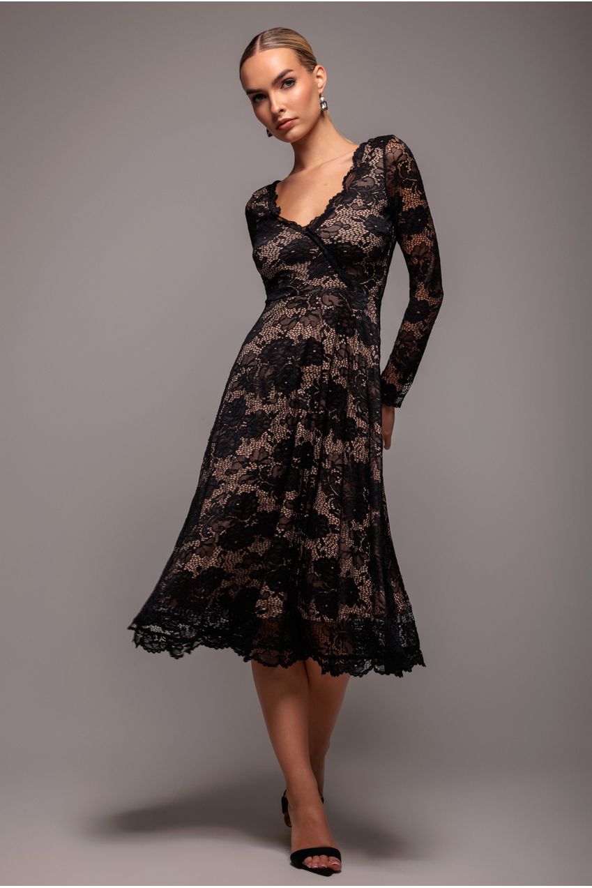 Goddiva Scalloped Lace A-line Midi Dress - Black