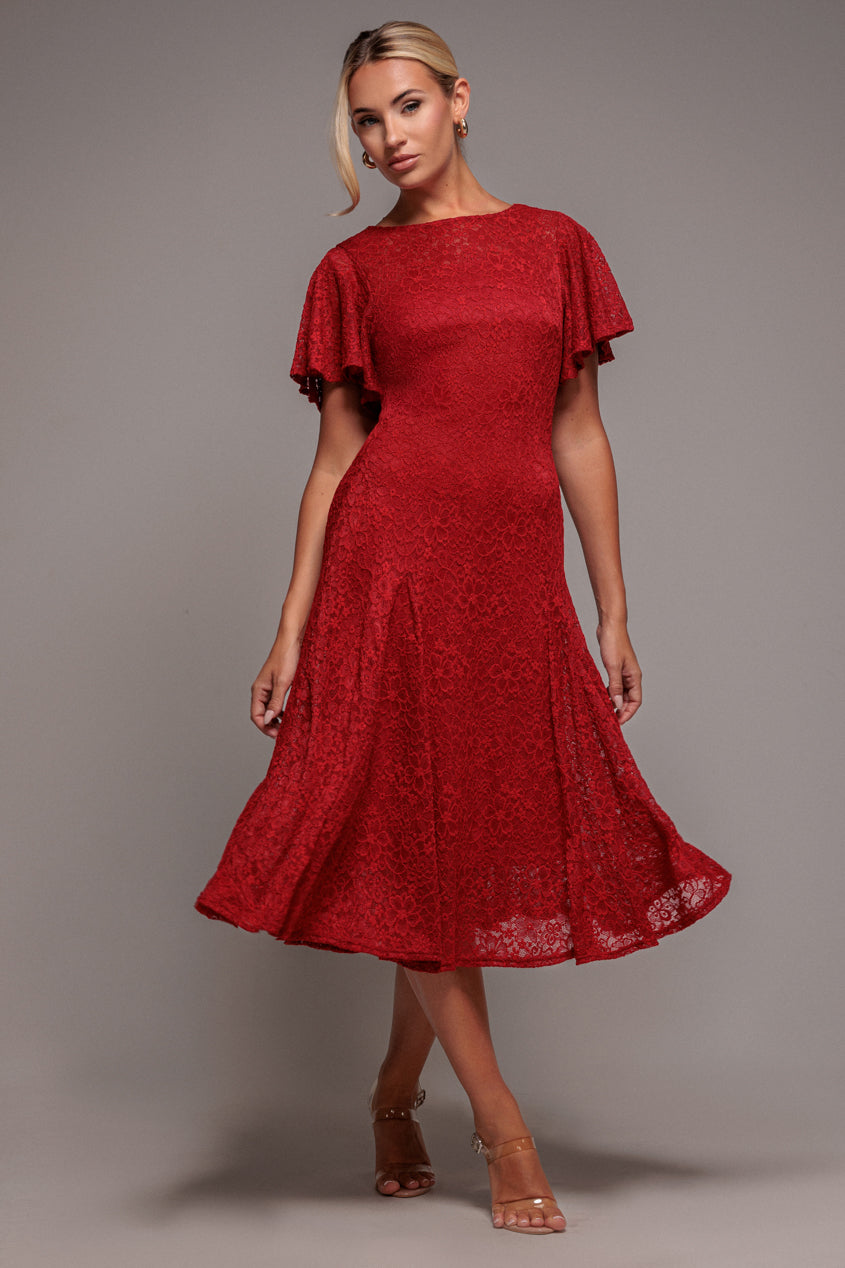 Goddiva Flutter Sleeve Lace A-Line Midi Dress - Red