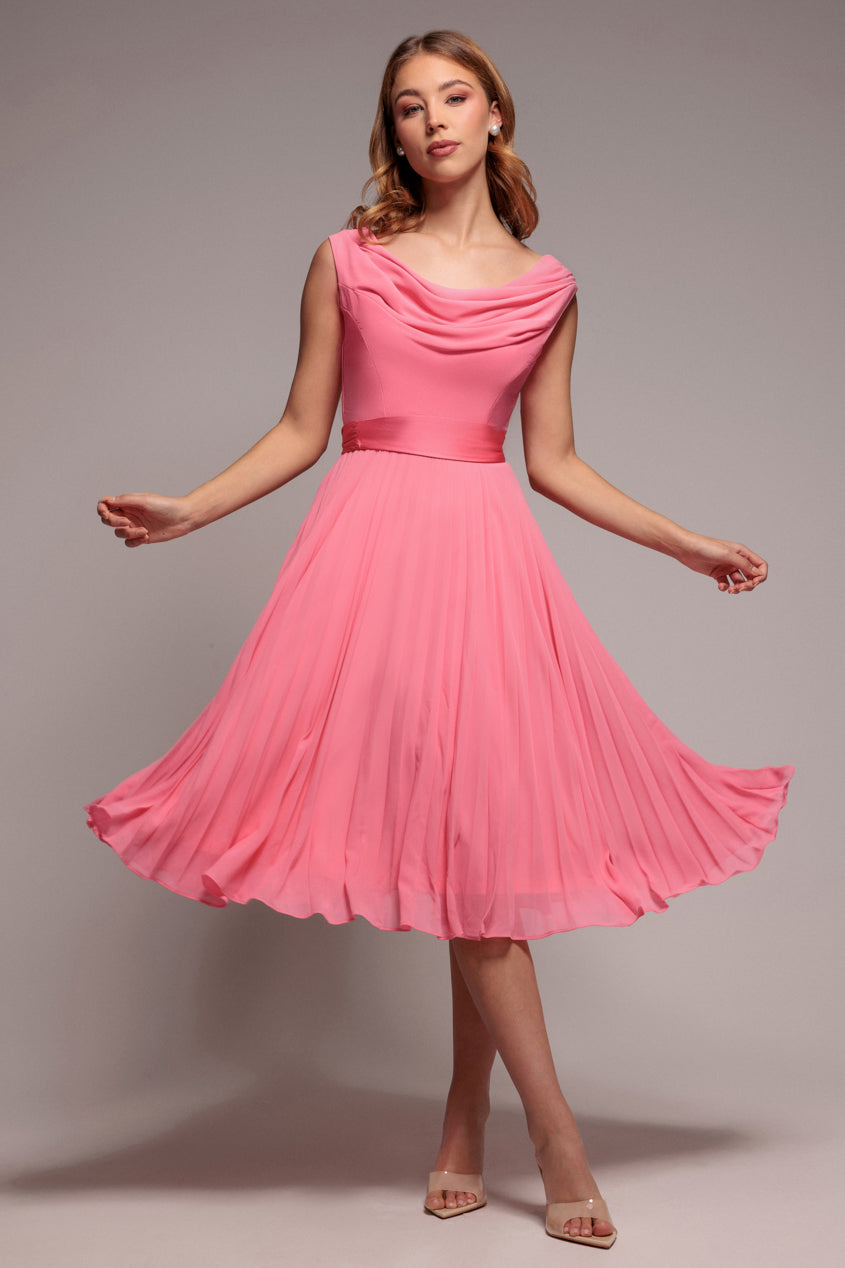 Goddiva Cowl Neck Pleated A-Line Chiffon Midi Dress - Coral