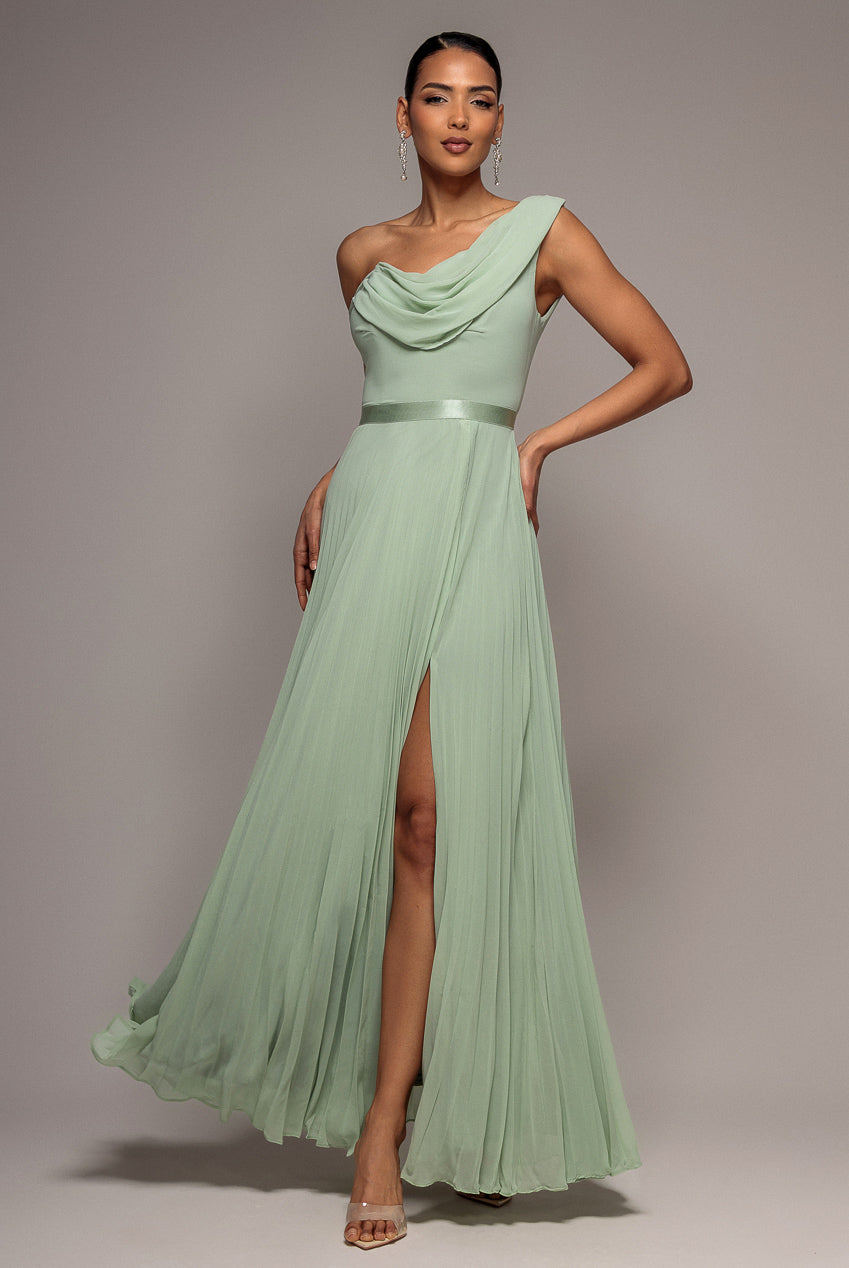 Cowl Neck One Shoulder A Line Chiffon Maxi Dress - Sage Green by Goddiva