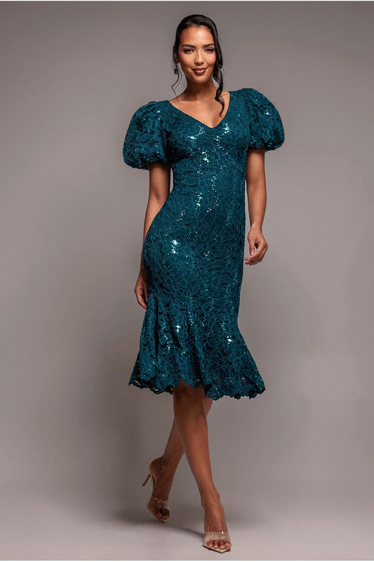 Goddiva Sequin Lace Puff Sleeve Fit & Flare Midi Dress - Teal Blue
