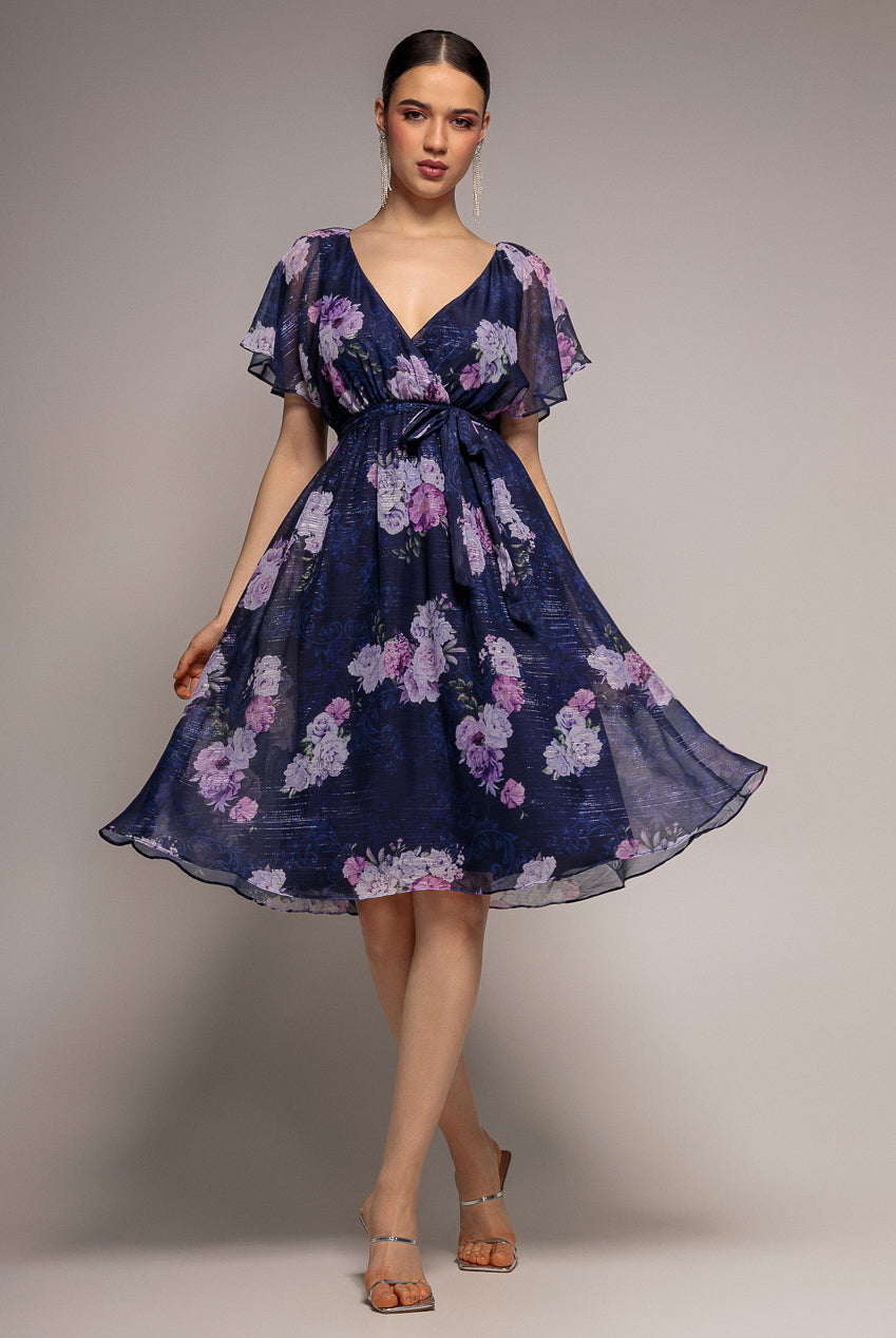 Goddiva Printed Lurex A-Line Flutter Sleeve Midi Dress - Navy