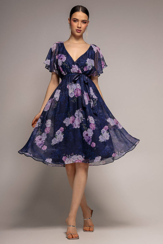 Goddiva Printed Lurex A-Line Flutter Sleeve Midi Dress - Navy