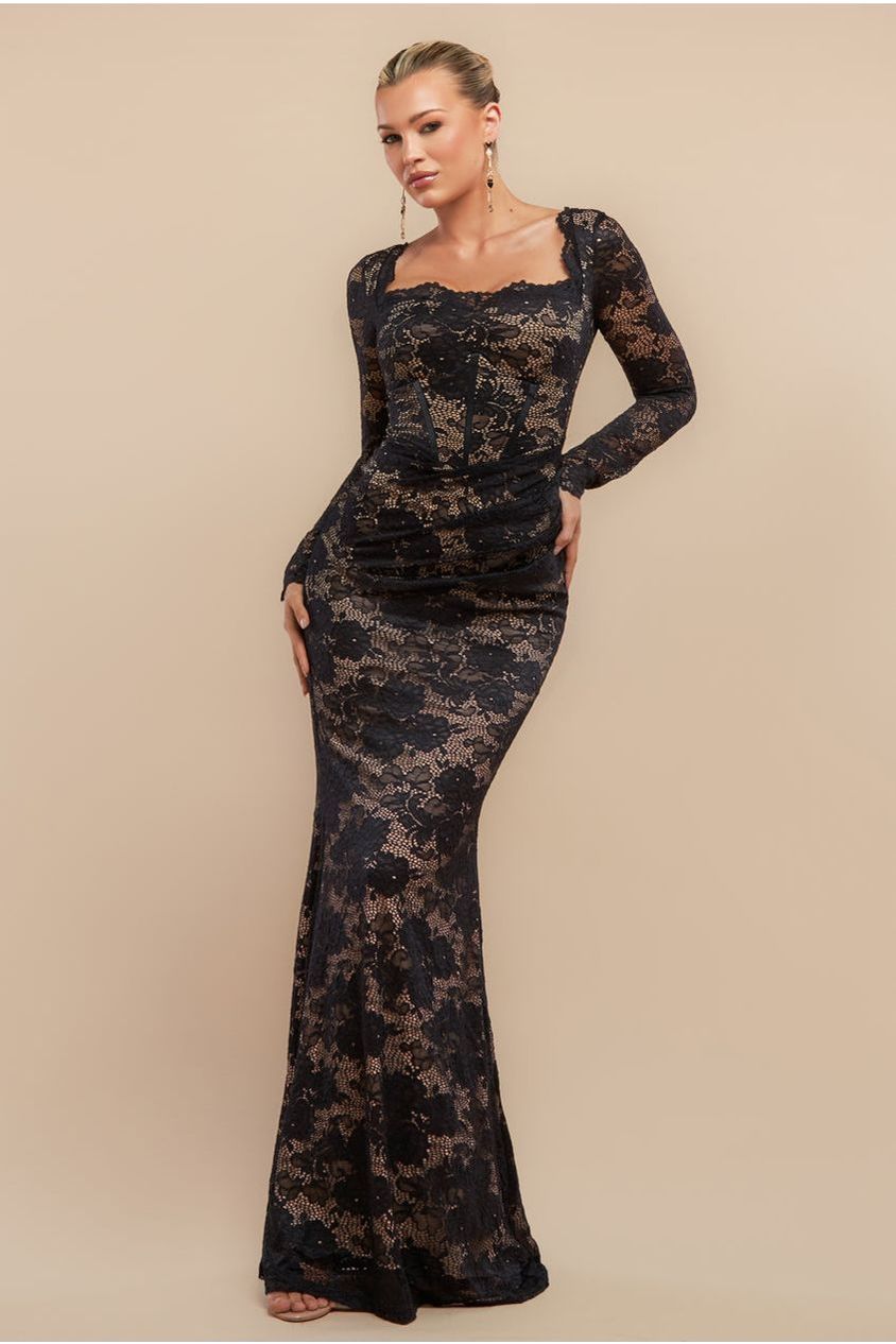 Goddiva Scalloped Lace Corset Bodice Maxi Dress - Black