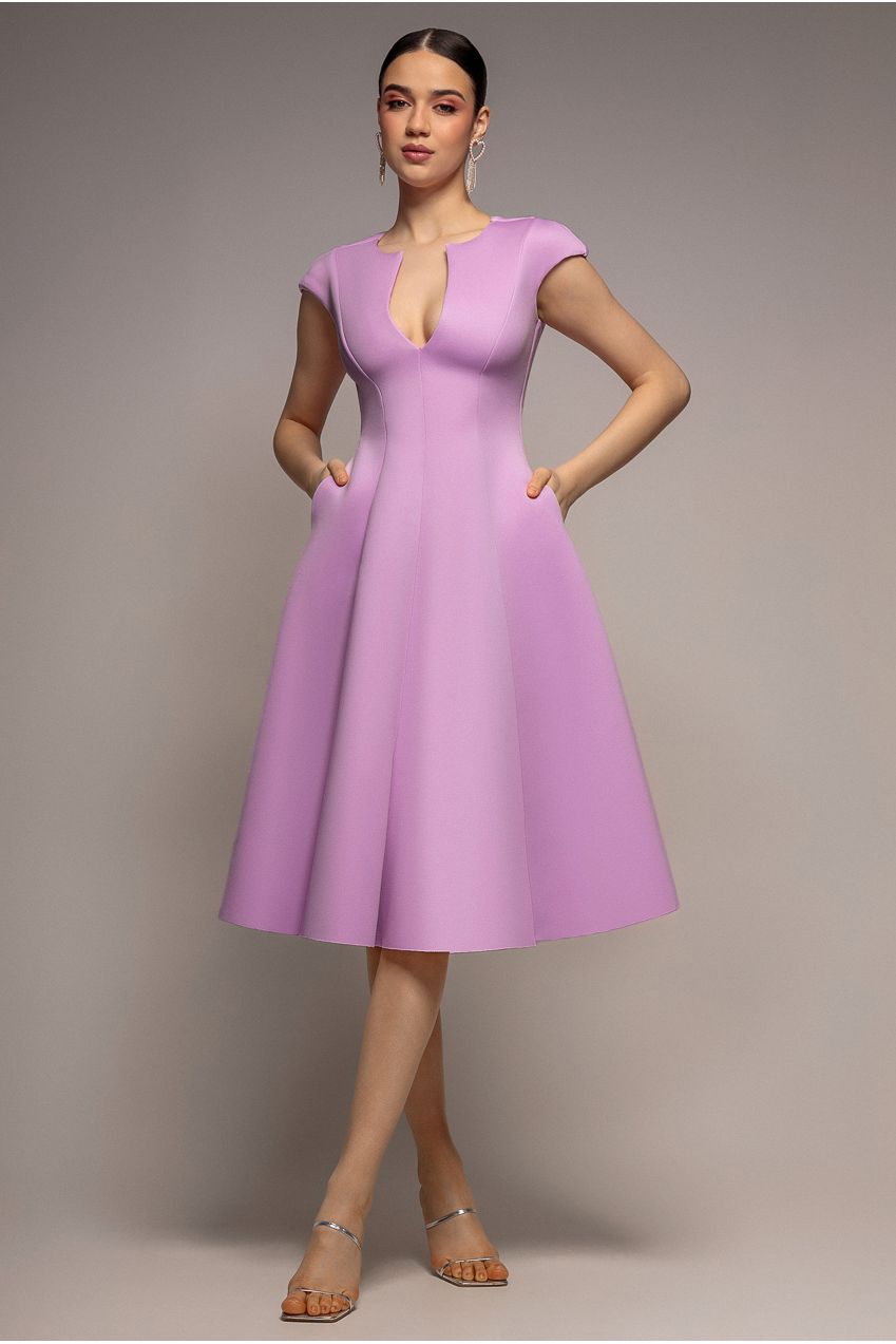 Cap Sleeve Plunging V-Neckline A-line Midi Dress - Lilac by Goddiva