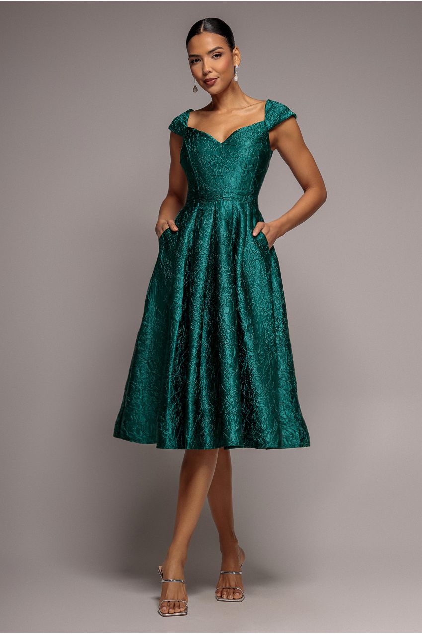 Crushed Satin Sleeveless A Line Midi Dress - Emerald Green by Goddiva