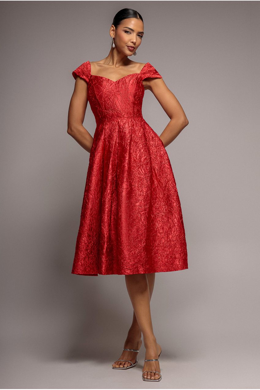 Crushed Satin Sleeveless A Line Midi Dress - Red by Goddiva