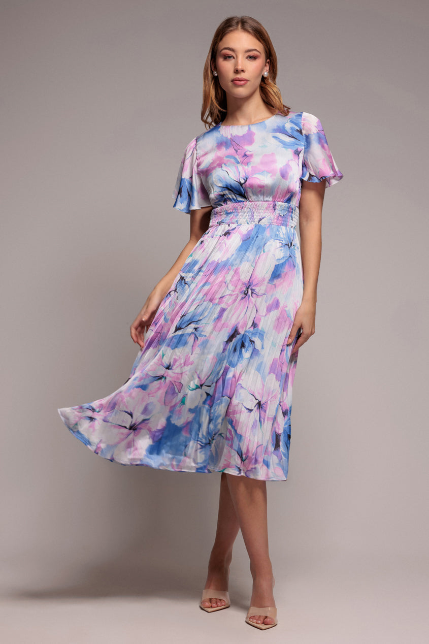 Flutter Sleeve Pleated Skirt Floral Midi Dress - Blue by Goddiva