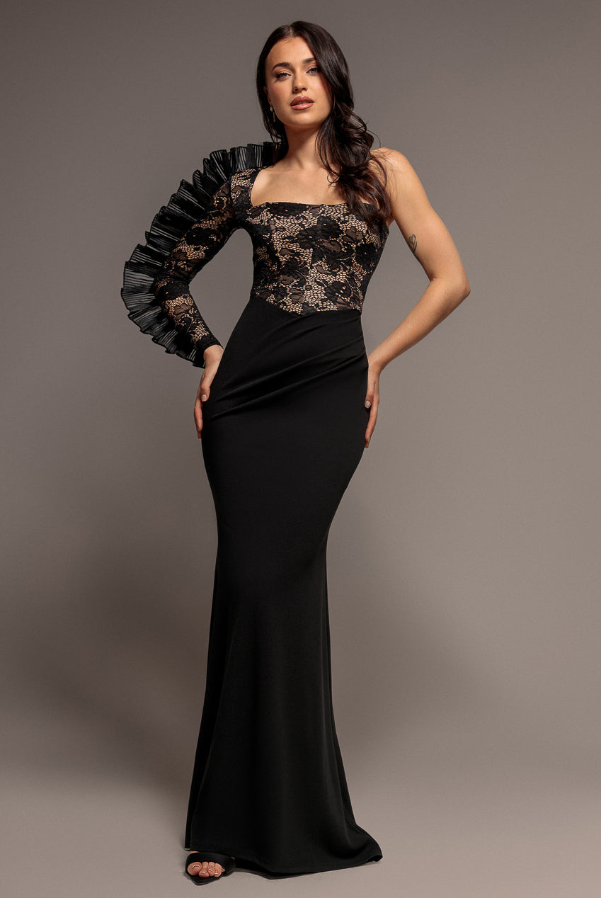 Goddiva One Shoulder Organza  Fan Detail Lace Bodice Maxi Dress - Black