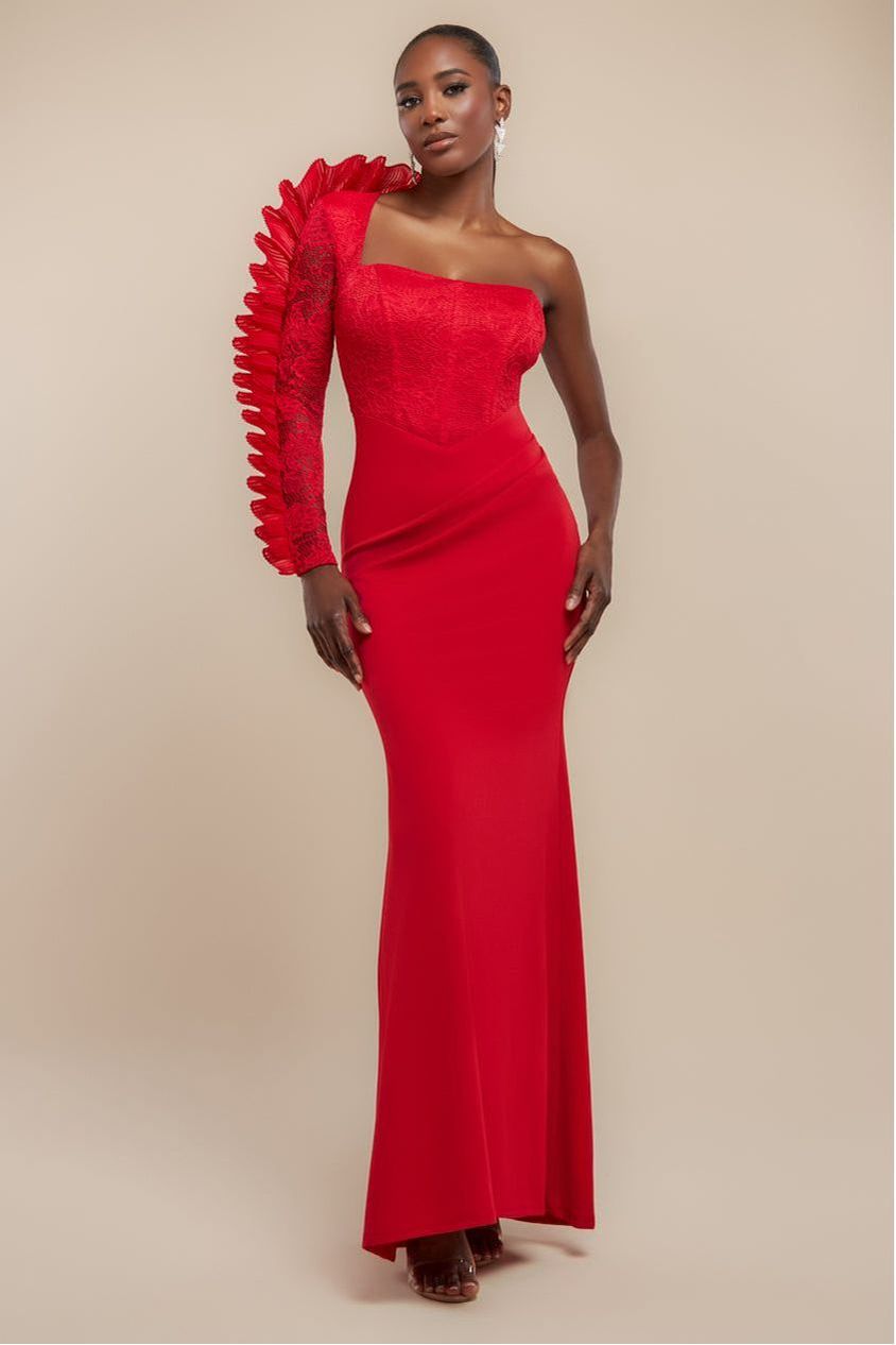 Goddiva One Shoulder Organza  Fan Detail Lace Bodice Maxi Dress - Red
