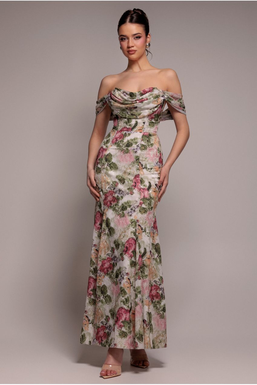 Goddiva Cowl Neck Floral Print Jacquard Chiffon Maxi Dress - Cream