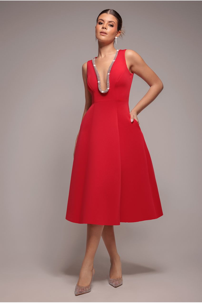 Goddiva Diamante Embellished Neck A-Line Midi Dress - Red
