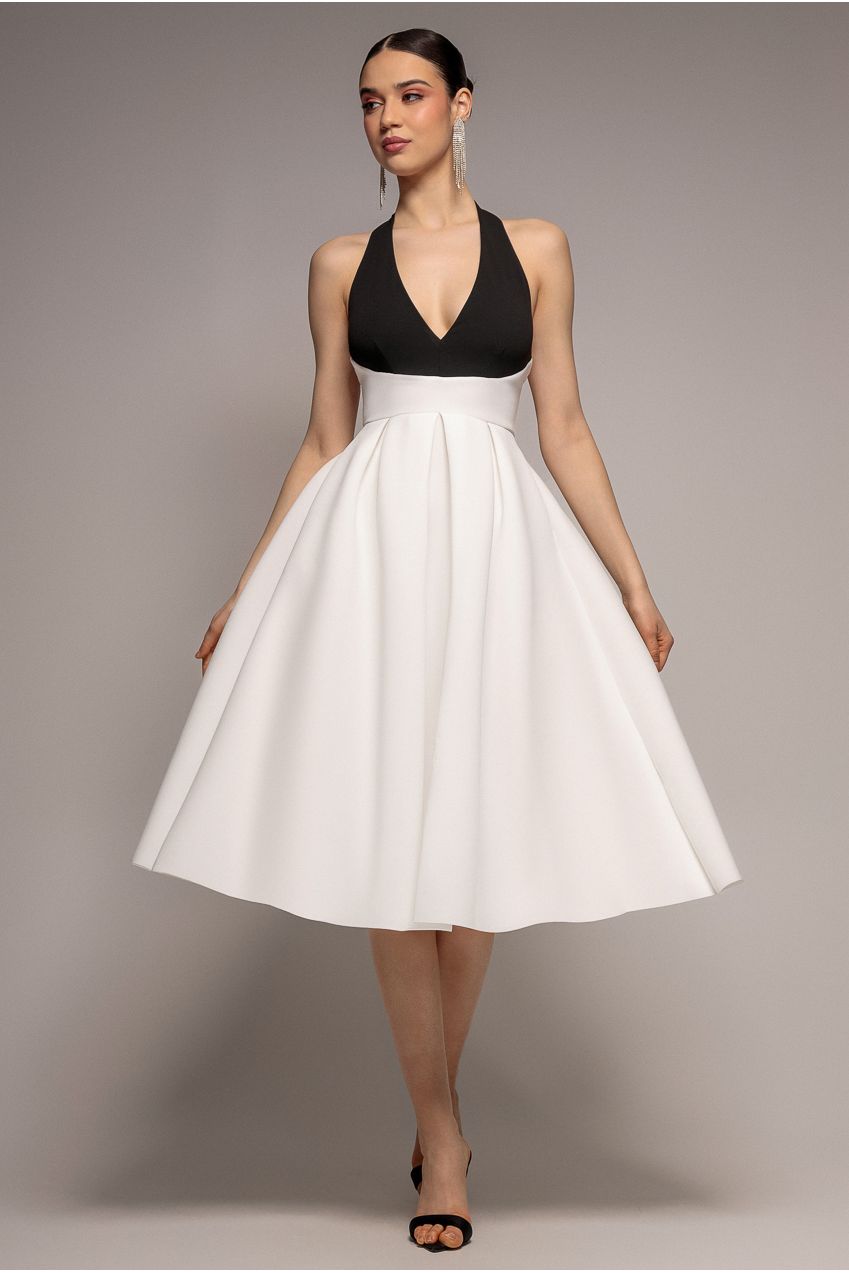 Goddiva Contrast  Halter Neck Pleated A Line Midaxi Dress - Black Cream