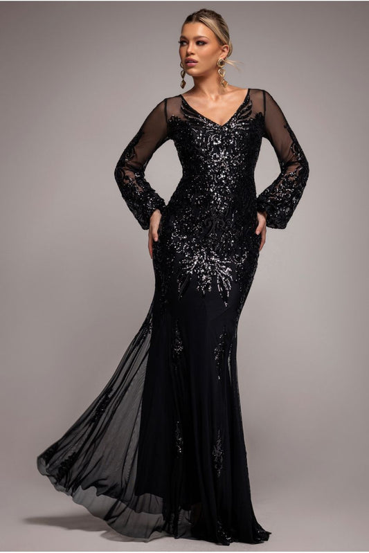 Embellished Sequin Bishop Sleeve Maxi Dress - Black by Goddiva