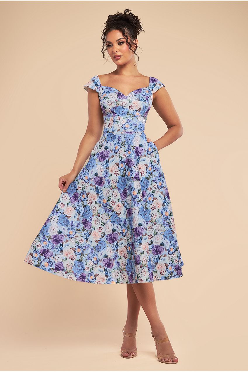 Goddiva Floral Print A-Line Sweetheart Midi Dress - Powder Blue